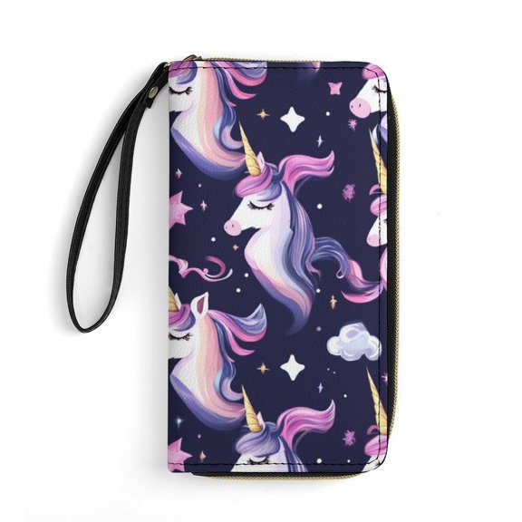 Womens Wallet Bifold Ladies Cluth Bag Wristlet Wrist Strap Long Purse Dark Unicorn Pattern Design