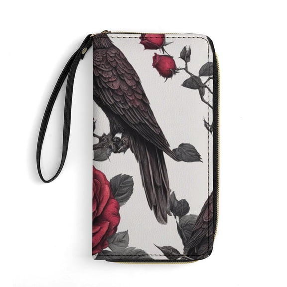 Womens Wallet Bifold Ladies Cluth Bag Wristlet Wrist Strap Long Purse Death Hawk ROse Design