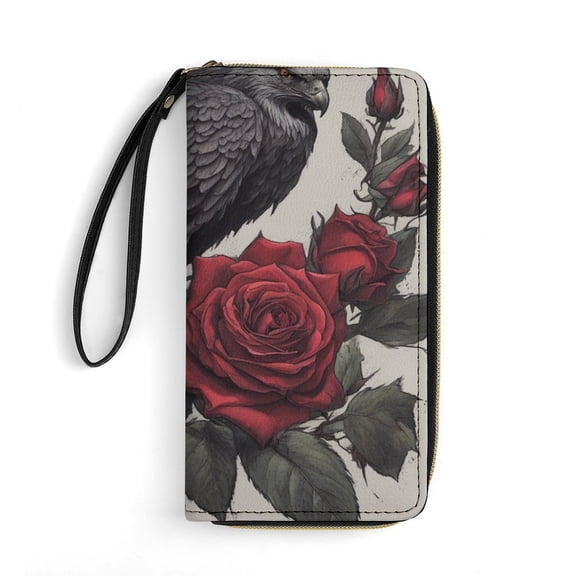 Womens Wallet Bifold Ladies Cluth Bag Wristlet Wrist Strap Long Purse Death Hawk ROse Design