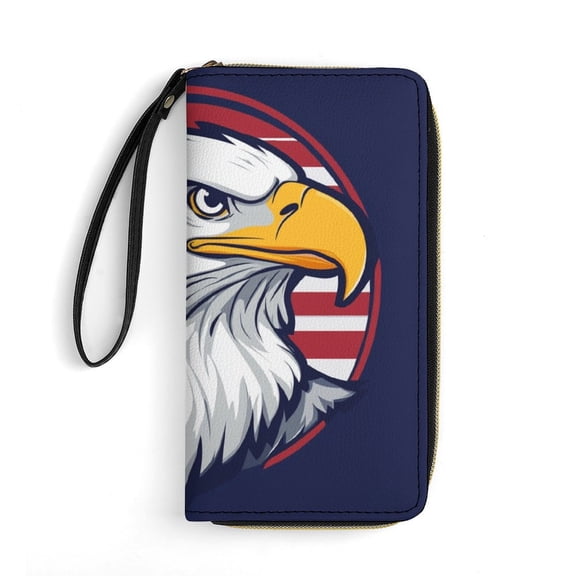 Womens Wallet Bifold Ladies Cluth Bag Wristlet Wrist Strap Long Purse Eagle, America Flag Background Design