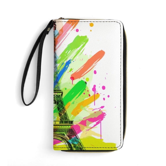 Womens Wallet Bifold Ladies Cluth Bag Wristlet Wrist Strap Long Purse Eiffel Tower Design