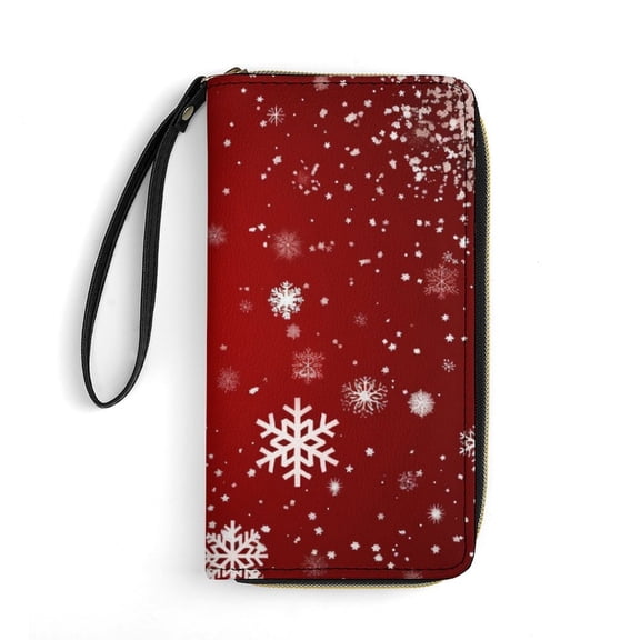 Womens Wallet Bifold Ladies Cluth Bag Wristlet Wrist Strap Long Purse Elegant Red Christmas with Snowflake Design