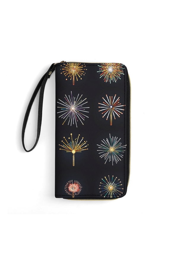 Womens Wallet Bifold Ladies Cluth Bag Wristlet Wrist Strap Long Purse Fireworks Icons Design