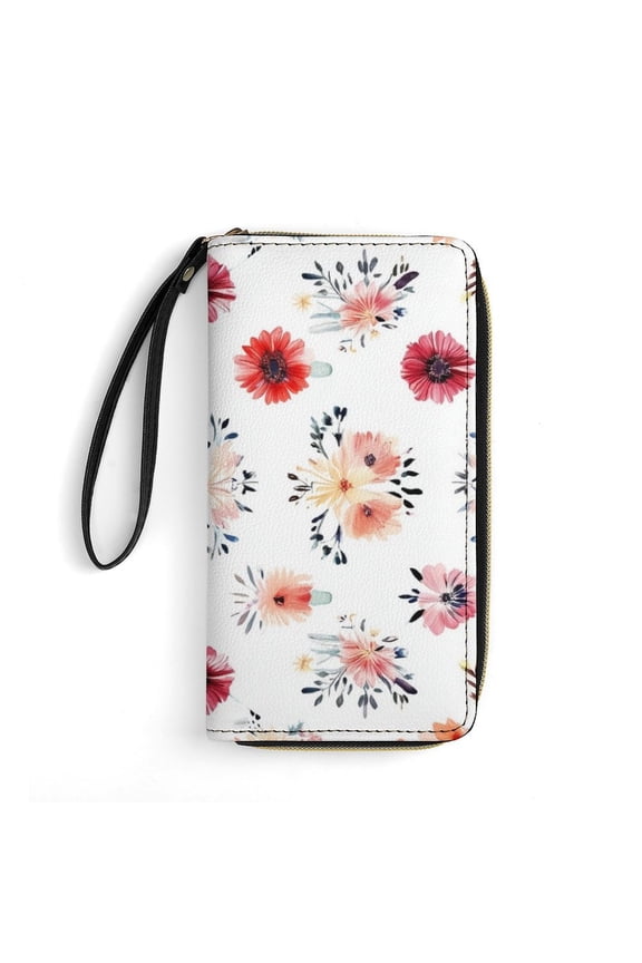 Womens Wallet Bifold Ladies Cluth Bag Wristlet Wrist Strap Long Purse Flower Red Design