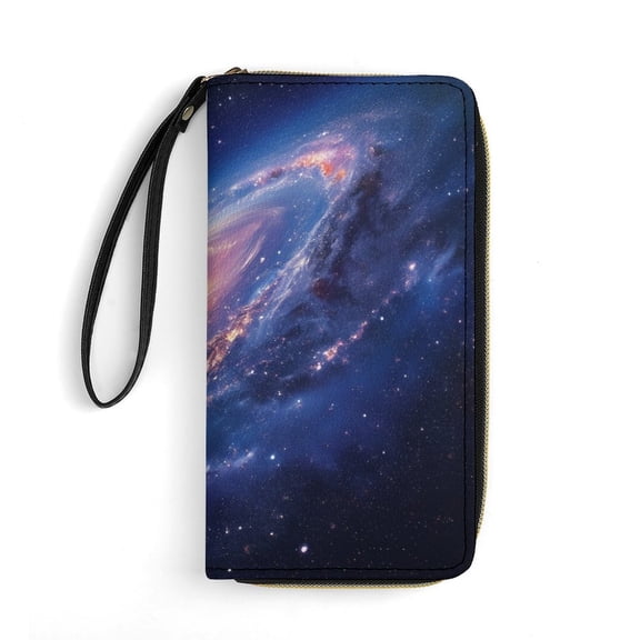 Womens Wallet Bifold Ladies Cluth Bag Wristlet Wrist Strap Long Purse Galaxy Design