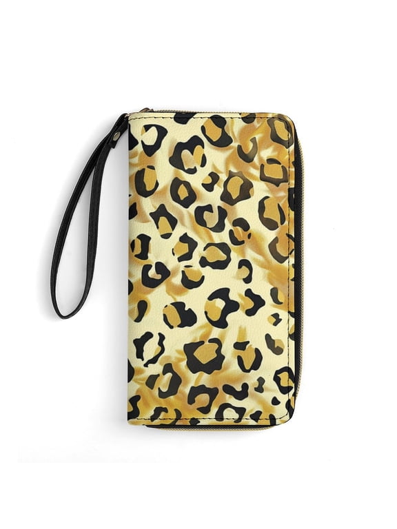 Womens Wallet Bifold Ladies Cluth Bag Wristlet Wrist Strap Long Purse Gold Leopard Design