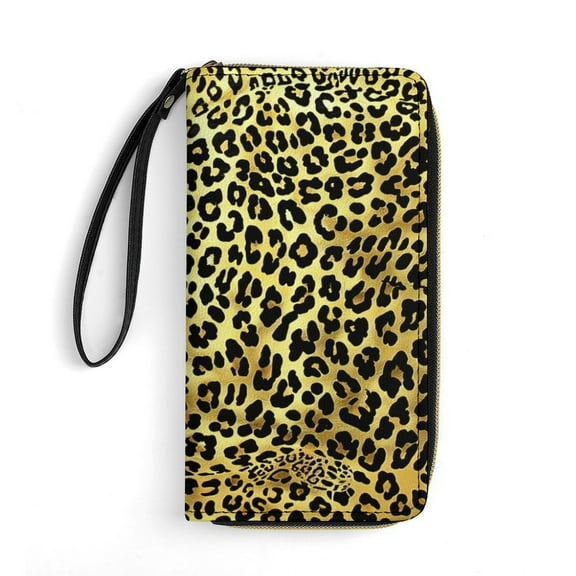 Womens Wallet Bifold Ladies Cluth Bag Wristlet Wrist Strap Long Purse Gold Leopard Design