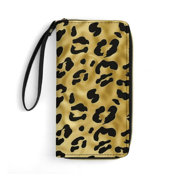 Womens Wallet Bifold Ladies Cluth Bag Wristlet Wrist Strap Long Purse Gold Leopard Print Design