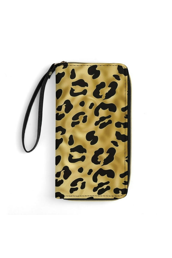Womens Wallet Bifold Ladies Cluth Bag Wristlet Wrist Strap Long Purse Gold Leopard Print Design