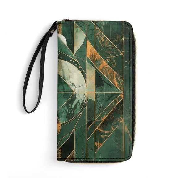 Womens Wallet Bifold Ladies Cluth Bag Wristlet Wrist Strap Long Purse Green Gold Marble Modern Luxury, Design