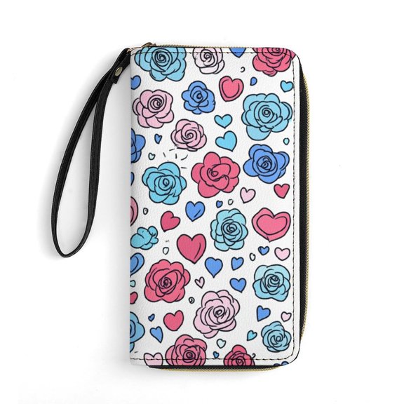 Womens Wallet Bifold Ladies Cluth Bag Wristlet Wrist Strap Long Purse Hand Drawing Heart Flower Design