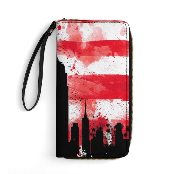 Womens Wallet Bifold Ladies Cluth Bag Wristlet Wrist Strap Long Purse Ink Splash Style America Flag Design