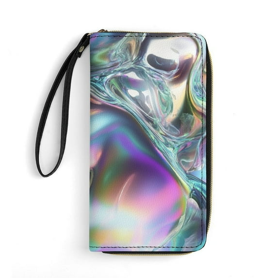 Womens Wallet Bifold Ladies Cluth Bag Wristlet Wrist Strap Long Purse Iridescent Chrome Fluid Shapes Design
