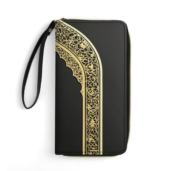 Womens Wallet Bifold Ladies Cluth Bag Wristlet Wrist Strap Long Purse Islamic Pattern Design