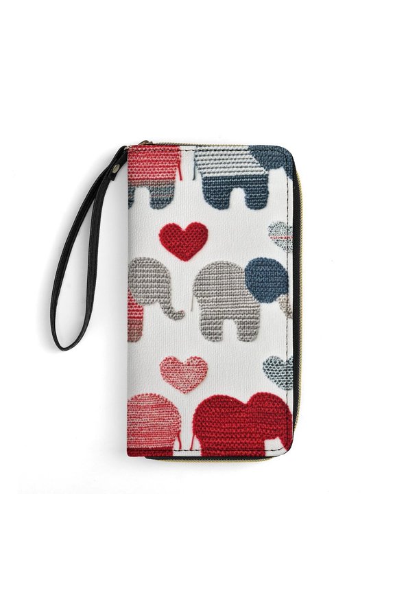 Womens Wallet Bifold Ladies Cluth Bag Wristlet Wrist Strap Long Purse Knitted Elephant With Heart Design