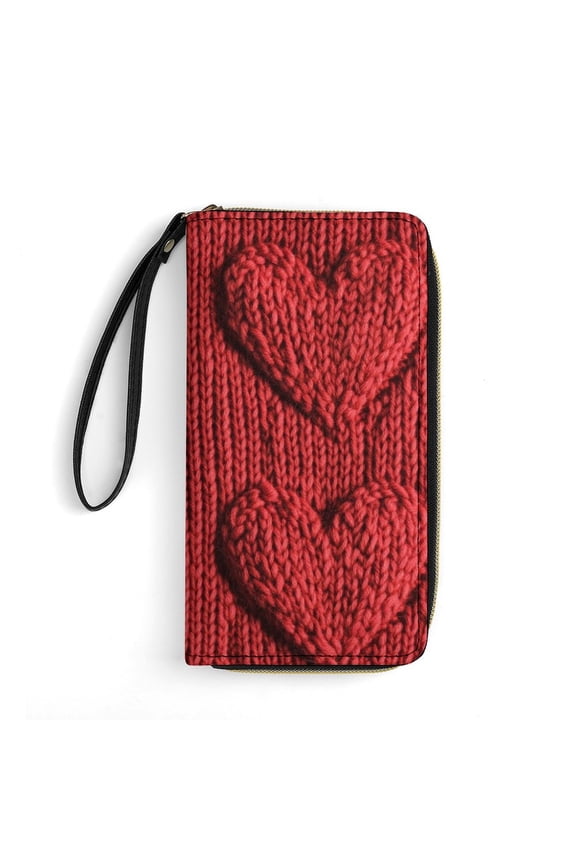 Womens Wallet Bifold Ladies Cluth Bag Wristlet Wrist Strap Long Purse Knitted Red Heart Pattern Design