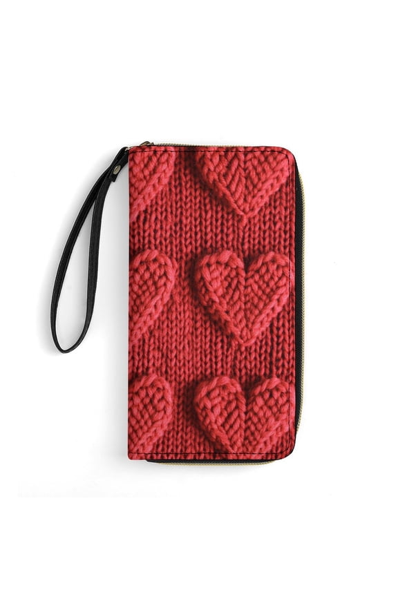 Womens Wallet Bifold Ladies Cluth Bag Wristlet Wrist Strap Long Purse Knitted Red Heart Pattern Design