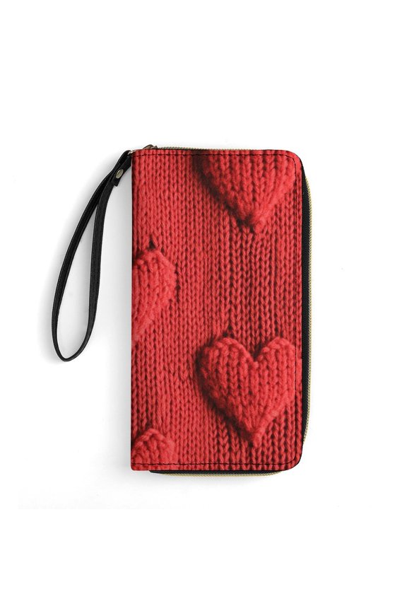 Womens Wallet Bifold Ladies Cluth Bag Wristlet Wrist Strap Long Purse Knitted Red Heart Pattern Design