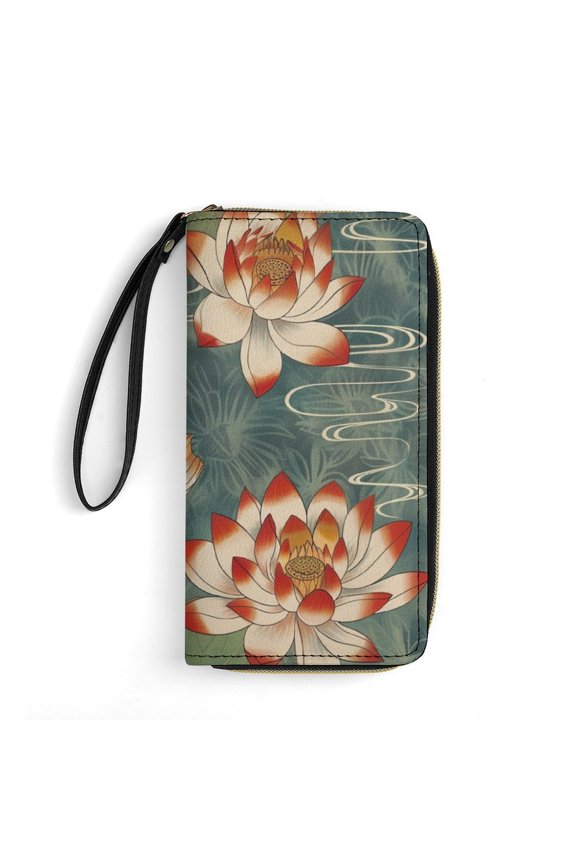 Womens Wallet Bifold Ladies Cluth Bag Wristlet Wrist Strap Long Purse Koi Fish Lotus Vintage Design