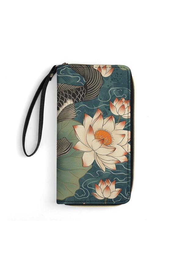 Womens Wallet Bifold Ladies Cluth Bag Wristlet Wrist Strap Long Purse Koi Fish Vintage Design