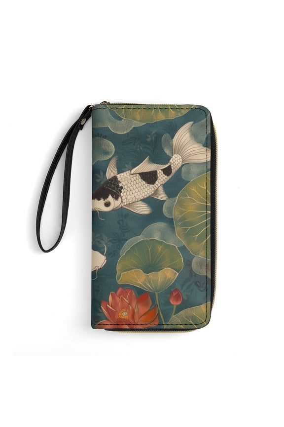 Womens Wallet Bifold Ladies Cluth Bag Wristlet Wrist Strap Long Purse Koi Fish Vintage Design