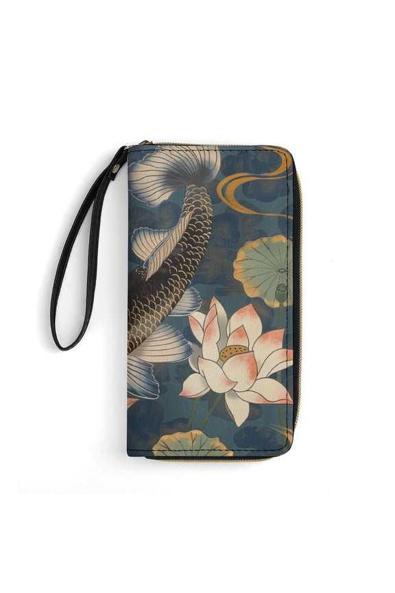 Womens Wallet Bifold Ladies Cluth Bag Wristlet Wrist Strap Long Purse Koi Fish Vintage Lotus Design