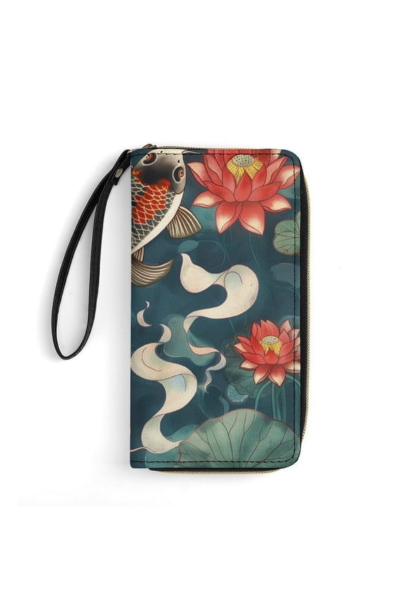 Womens Wallet Bifold Ladies Cluth Bag Wristlet Wrist Strap Long Purse Koi Fish Vintage Lotus Design