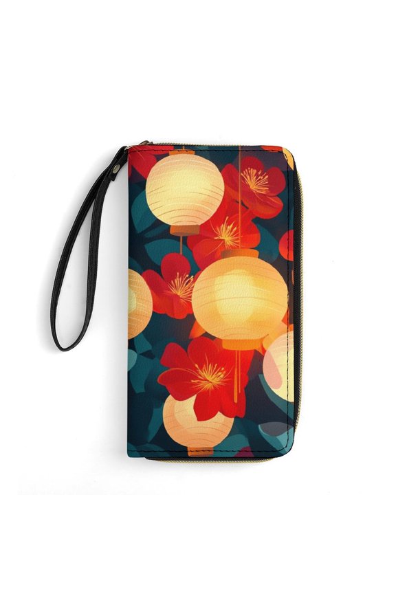 Womens Wallet Bifold Ladies Cluth Bag Wristlet Wrist Strap Long Purse Lantern Design