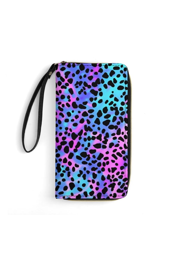 Womens Wallet Bifold Ladies Cluth Bag Wristlet Wrist Strap Long Purse Leopard Colorful Design