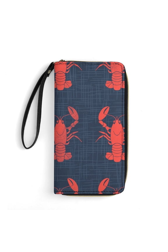 Womens Wallet Bifold Ladies Cluth Bag Wristlet Wrist Strap Long Purse Lobster Pattern Design