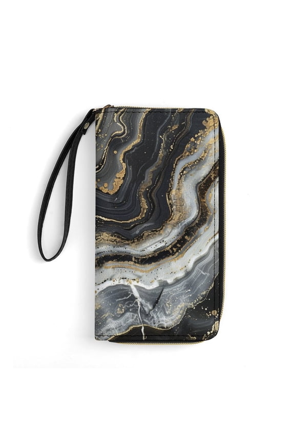 Womens Wallet Bifold Ladies Cluth Bag Wristlet Wrist Strap Long Purse Marble Pattern Black Gold Design