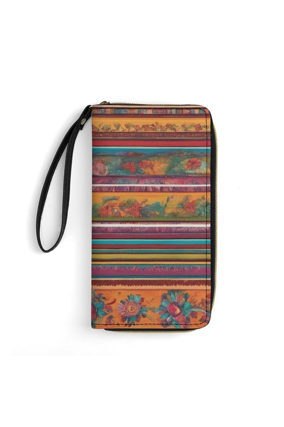 Womens Wallet Bifold Ladies Cluth Bag Wristlet Wrist Strap Long Purse Mexican BOHO Strips Design