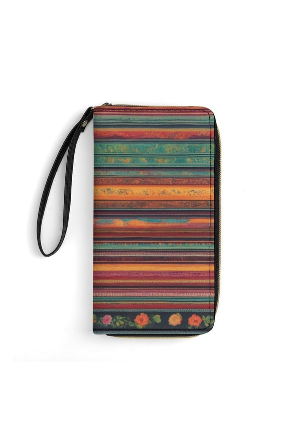 Womens Wallet Bifold Ladies Cluth Bag Wristlet Wrist Strap Long Purse Mexican BOHO Strips Design