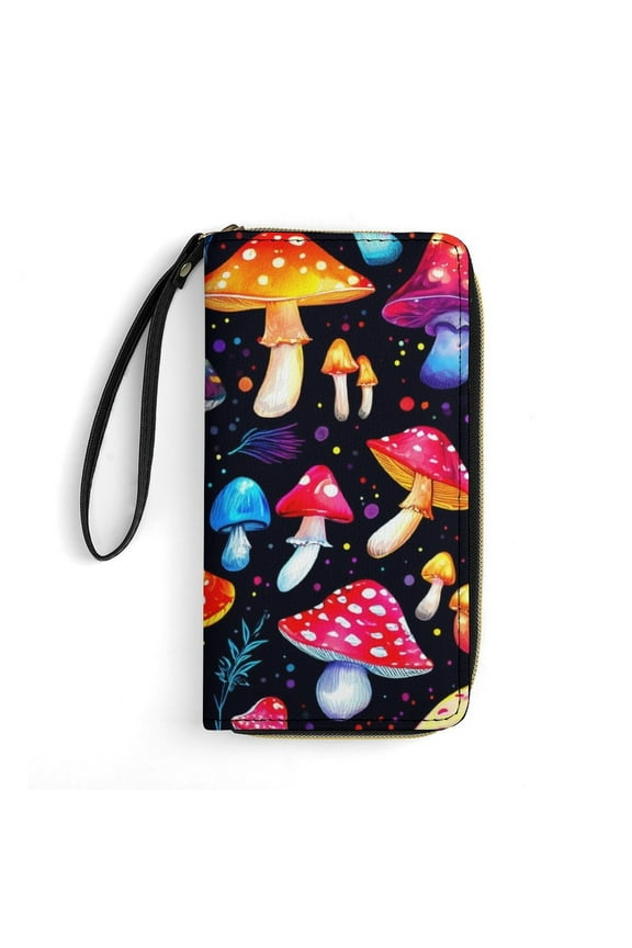 Womens Wallet Bifold Ladies Cluth Bag Wristlet Wrist Strap Long Purse Mushroom Design