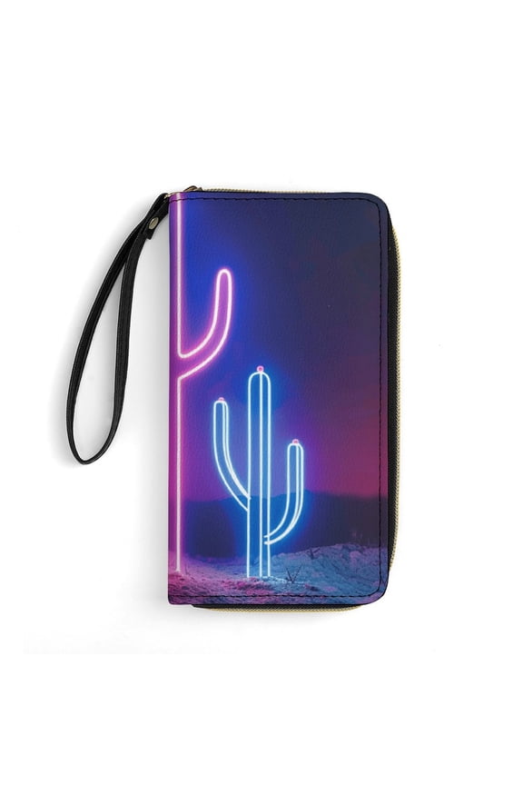 Womens Wallet Bifold Ladies Cluth Bag Wristlet Wrist Strap Long Purse Neon Cactus Desert Design