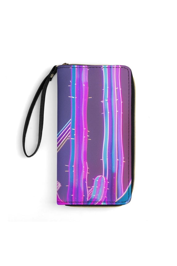 Womens Wallet Bifold Ladies Cluth Bag Wristlet Wrist Strap Long Purse Neon Cactus Desert Design
