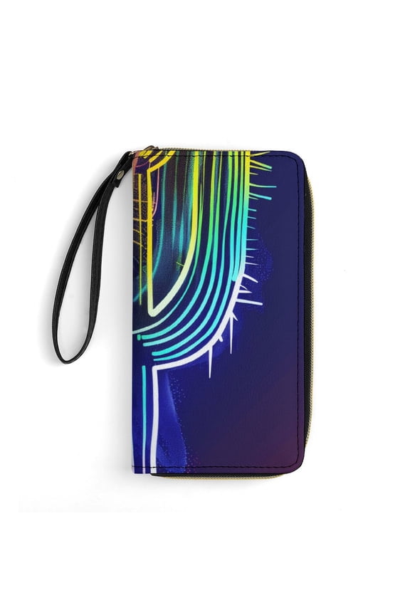 Womens Wallet Bifold Ladies Cluth Bag Wristlet Wrist Strap Long Purse Neon Cactus Design