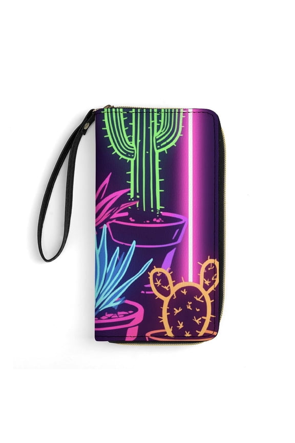Womens Wallet Bifold Ladies Cluth Bag Wristlet Wrist Strap Long Purse Neon Cactus Design