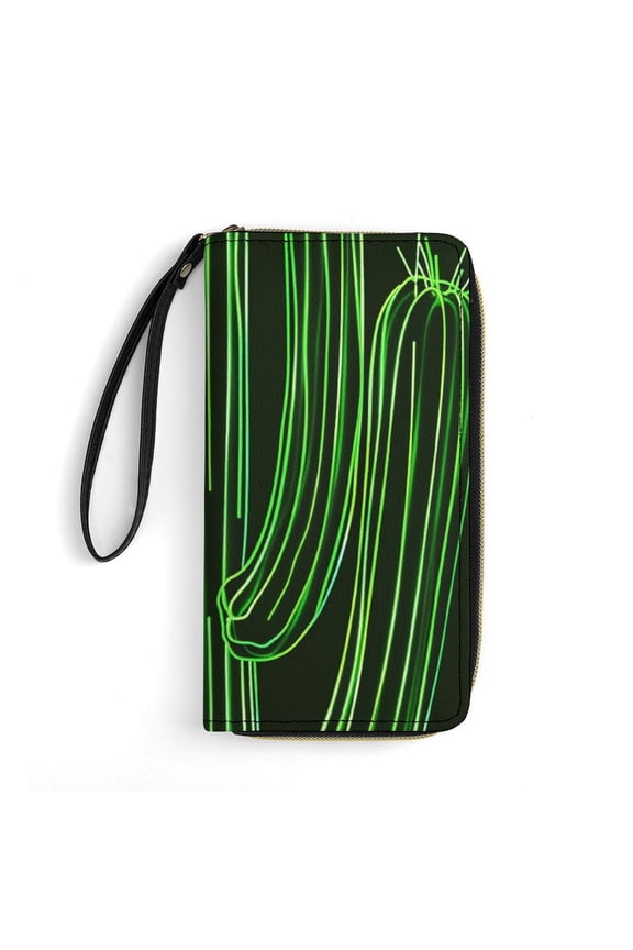 Womens Wallet Bifold Ladies Cluth Bag Wristlet Wrist Strap Long Purse Neon Cactus Design