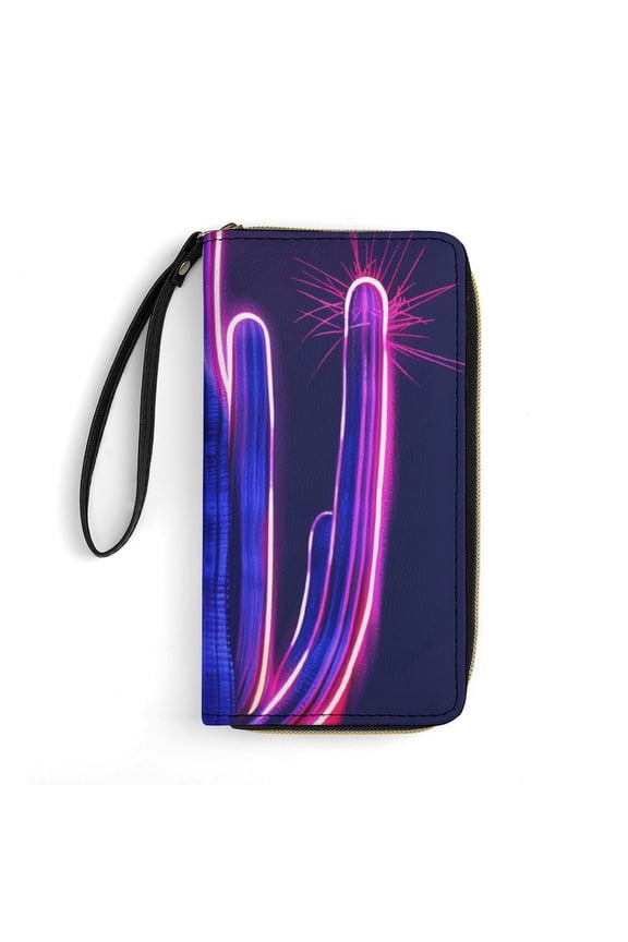 Womens Wallet Bifold Ladies Cluth Bag Wristlet Wrist Strap Long Purse Neon Cactus Design
