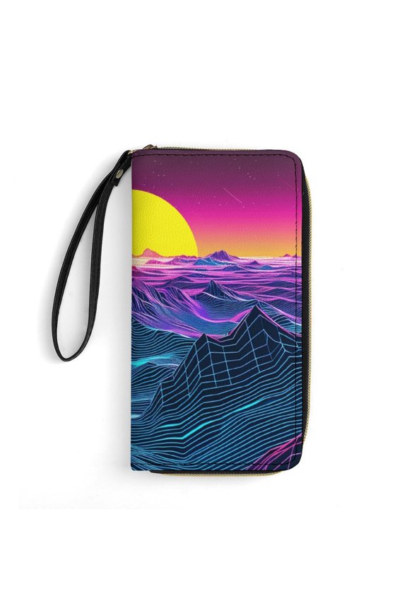Womens Wallet Bifold Ladies Cluth Bag Wristlet Wrist Strap Long Purse Neon Valley Cyber Future Design