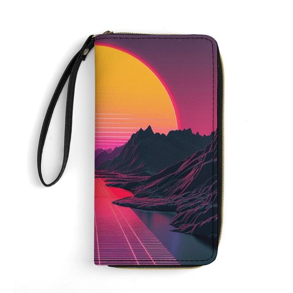 Womens Wallet Bifold Ladies Cluth Bag Wristlet Wrist Strap Long Purse Neon Valley Cyber Future Design