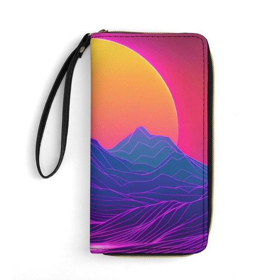 Womens Wallet Bifold Ladies Cluth Bag Wristlet Wrist Strap Long Purse Neon Valley Cyber Future Design