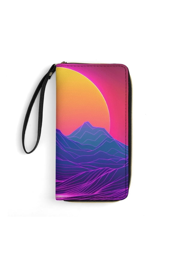 Womens Wallet Bifold Ladies Cluth Bag Wristlet Wrist Strap Long Purse Neon Valley Cyber Future Design