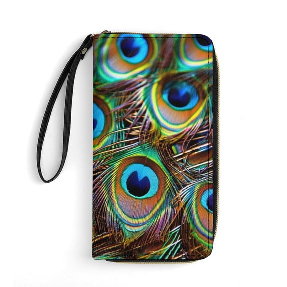 Womens Wallet Bifold Ladies Cluth Bag Wristlet Wrist Strap Long Purse Peacock Design