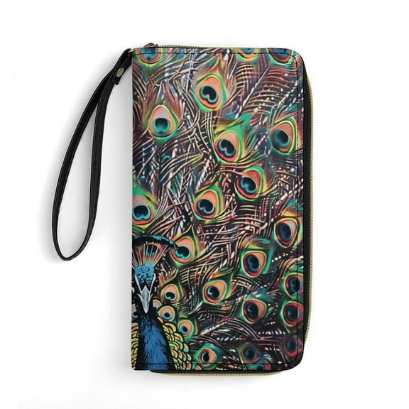Womens Wallet Bifold Ladies Cluth Bag Wristlet Wrist Strap Long Purse Peacock Design