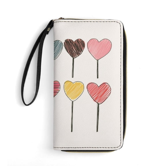 Womens Wallet Bifold Ladies Cluth Bag Wristlet Wrist Strap Long Purse Pink Heart Lollipop Design