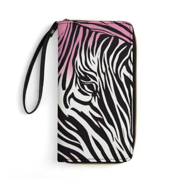 Womens Wallet Bifold Ladies Cluth Bag Wristlet Wrist Strap Long Purse Pink Zebra Pattern Design