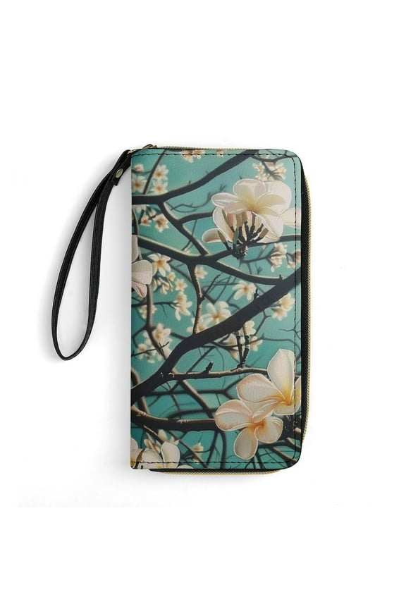 Womens Wallet Bifold Ladies Cluth Bag Wristlet Wrist Strap Long Purse Plumeria Flowers Design