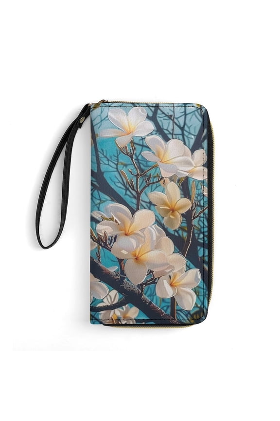 Womens Wallet Bifold Ladies Cluth Bag Wristlet Wrist Strap Long Purse Plumeria Flowers Design